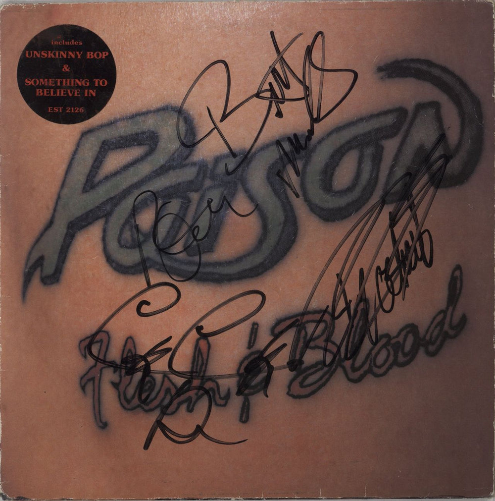 Poison Flesh & Blood - Autographed + Stickered Picture Sleeve UK vinyl LP album (LP record) EST2126