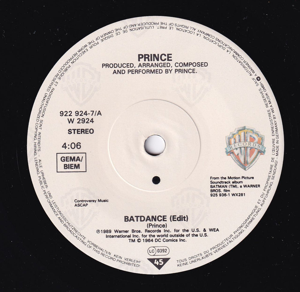 Prince Batdance German 7" vinyl single (7 inch record / 45) 075992292474