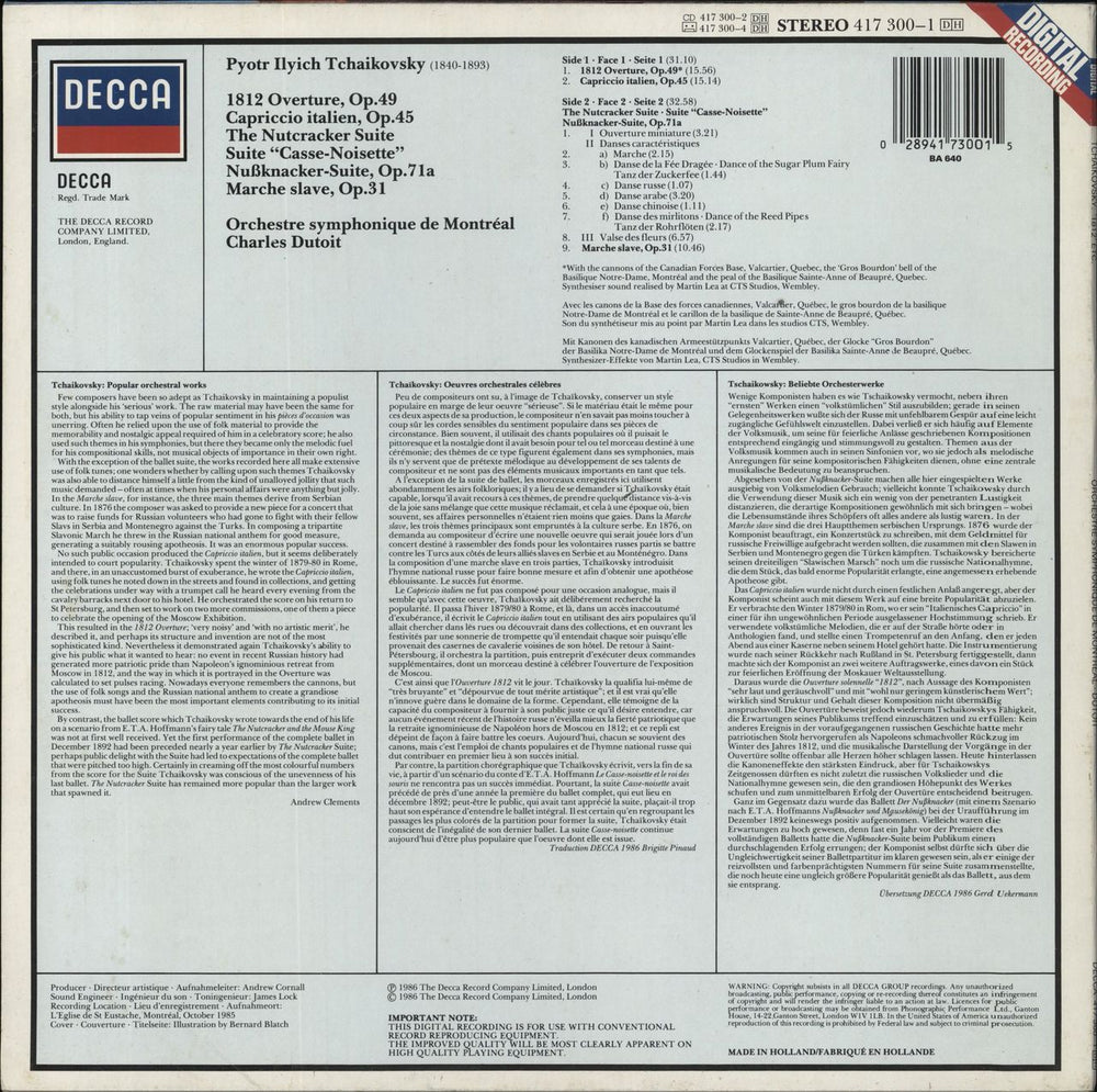 Pyotr Ilyich Tchaikovsky 1812, Capriccio Italien, Marche Slave & Suite Casse-noisette UK vinyl LP album (LP record) 028941730015