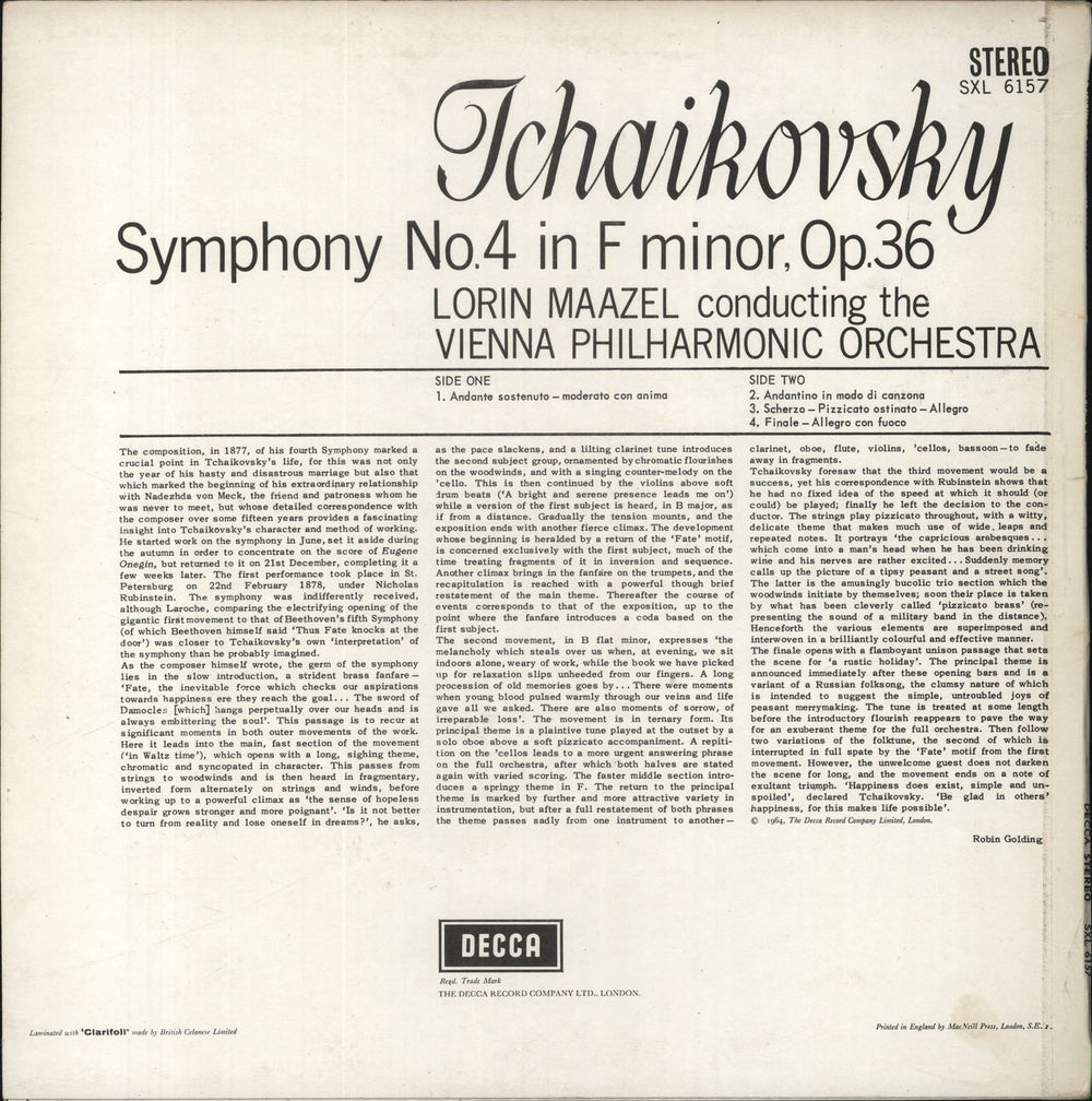 Pyotr Ilyich Tchaikovsky Symphony No. 4 UK vinyl LP album (LP record)