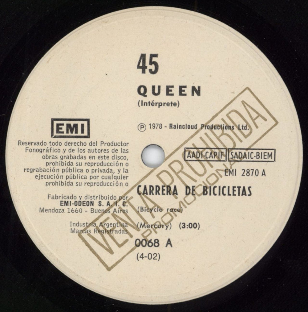 Queen Carrera De Bicicletas Argentinean Promo 7" vinyl single (7 inch record / 45) 0068