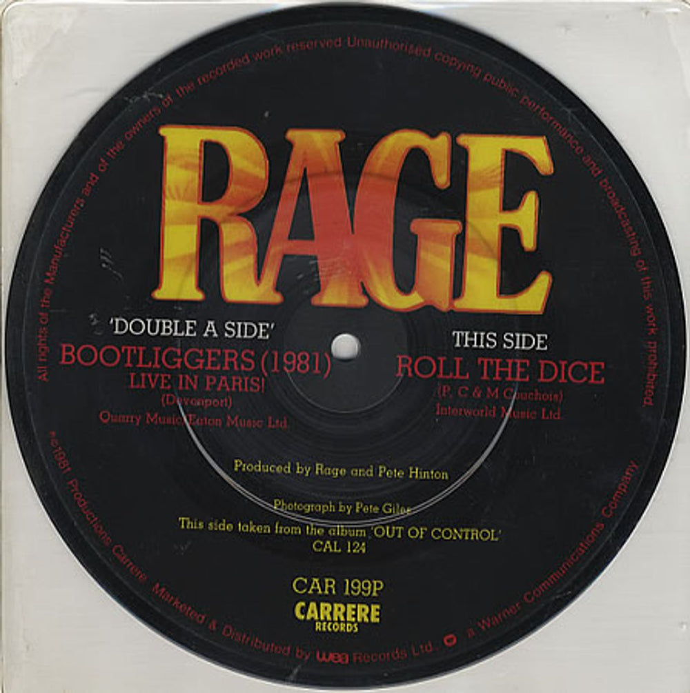 Rage (UK Rock) Bootliggers (1981) UK 7" vinyl picture disc (7 inch picture disc single) CAR199P