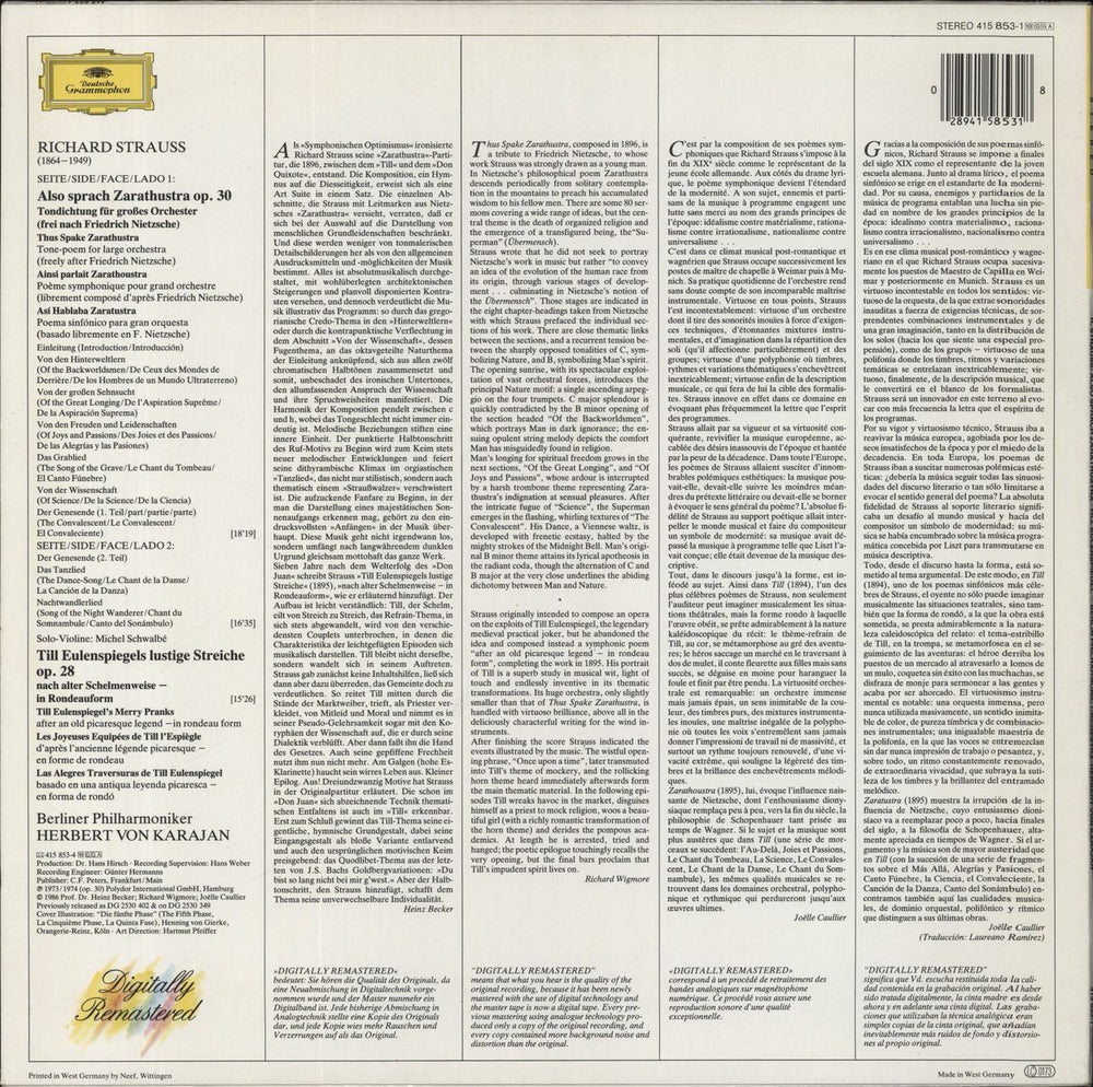 Richard Strauss Also Sprach Zarathustra / Till Eulenspiegel German vinyl LP album (LP record) 028941585318