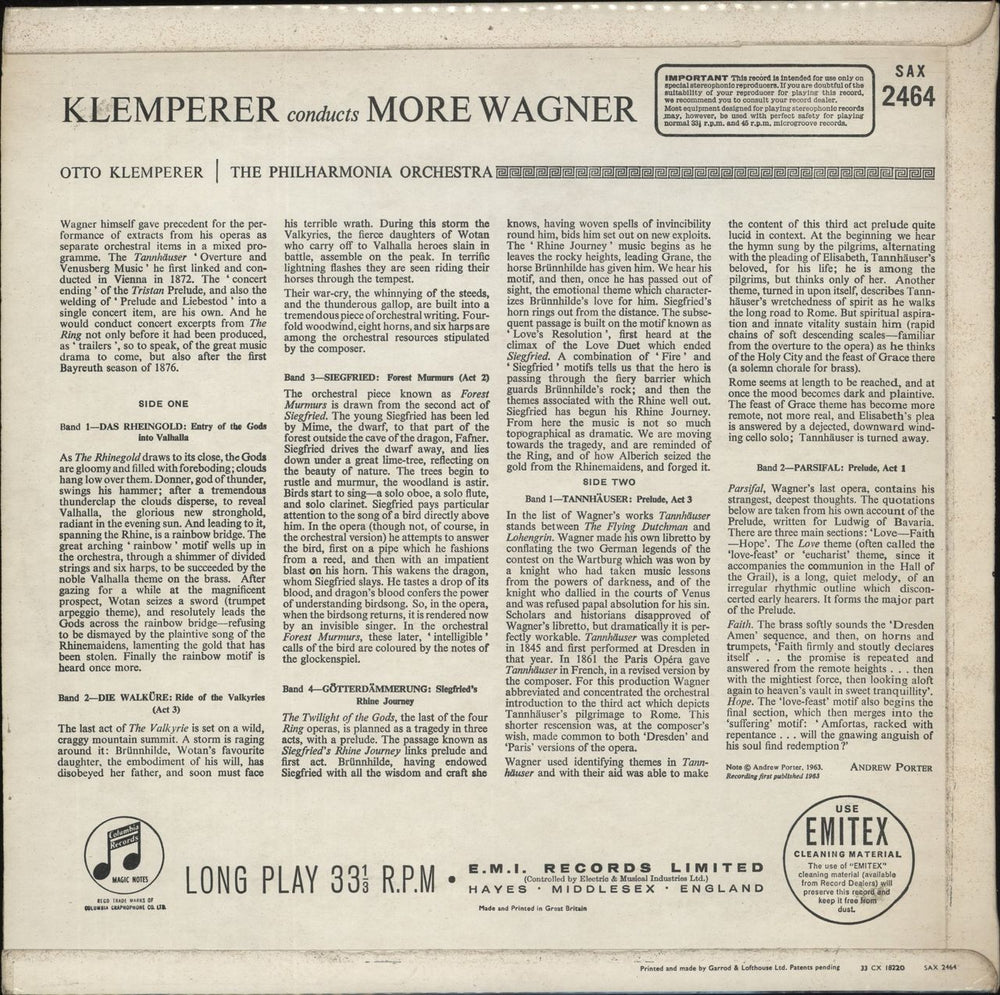 Richard Wagner Klemperer conducts more Wagner UK vinyl LP album (LP record)