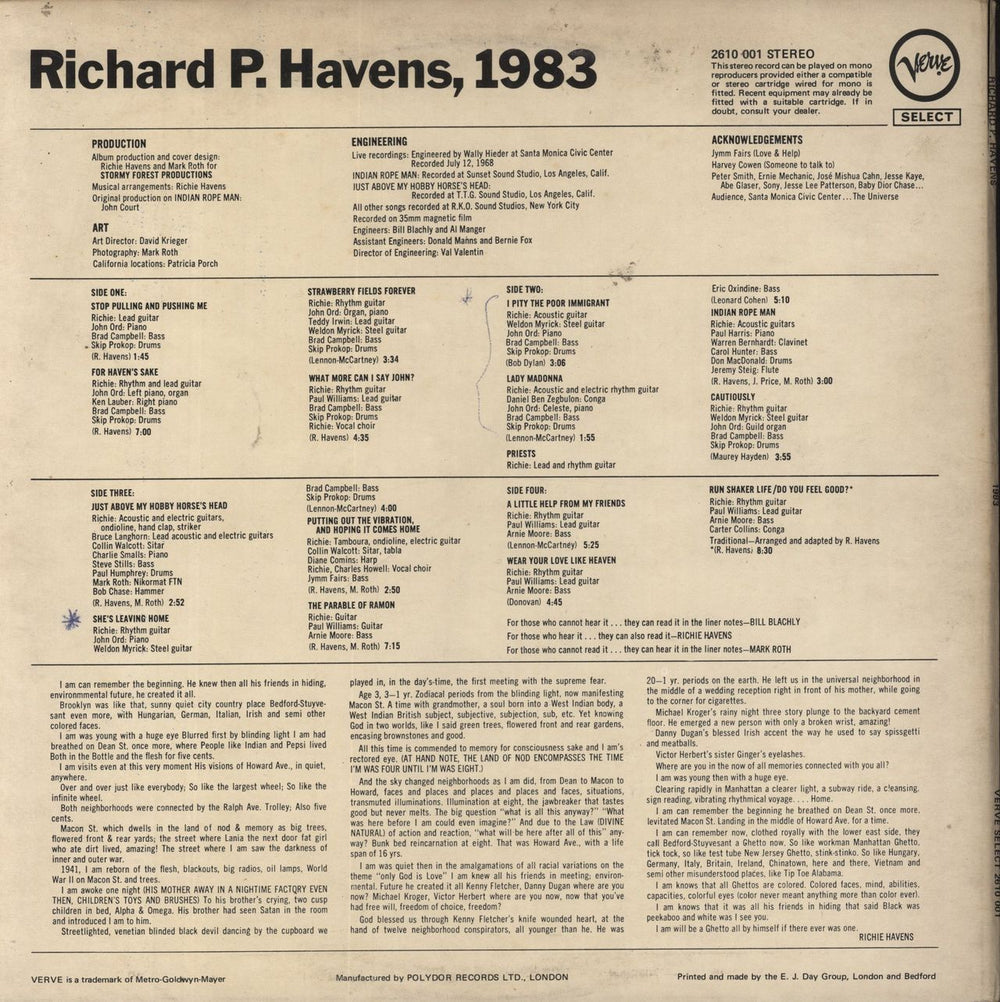 Richie Havens Richard P. Havens, 1983 - VG UK 2-LP vinyl record set (Double LP Album)