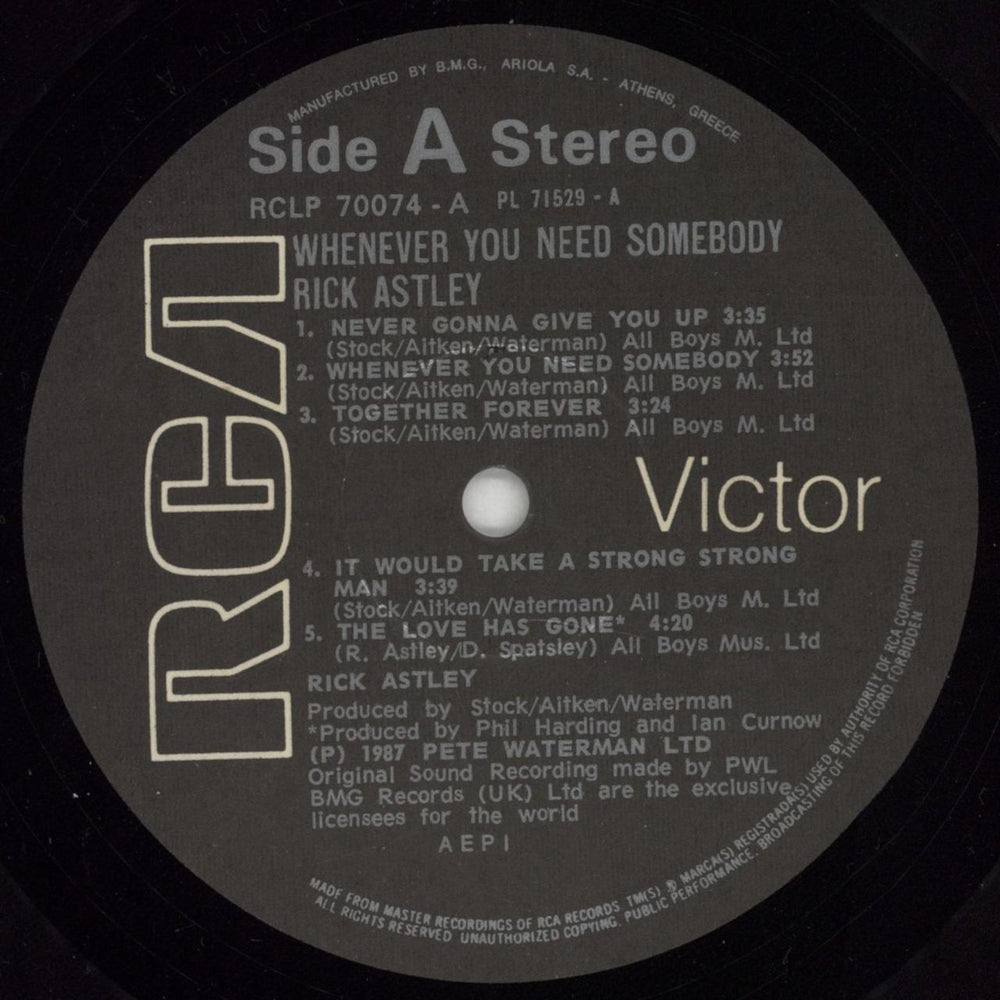 Rick Astley Whenever You Need Somebody Greek vinyl LP album (LP record) ASTLPWH850994