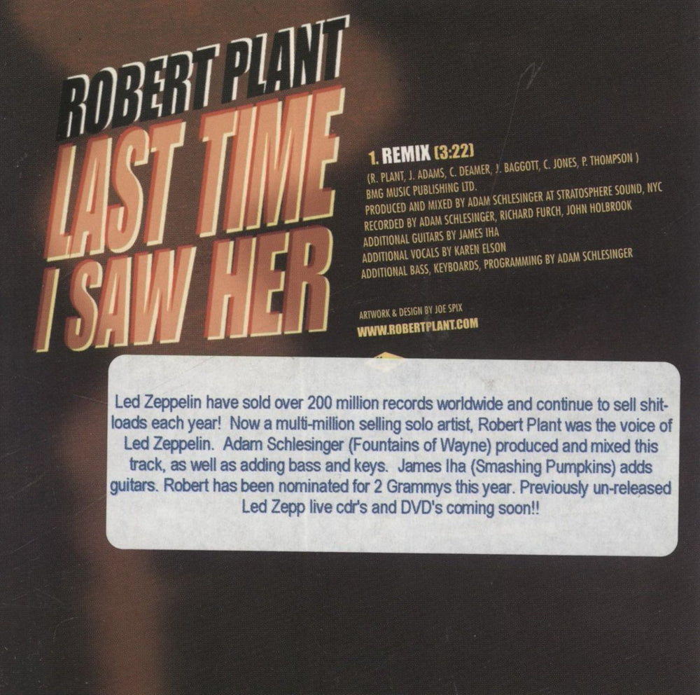 Robert Plant Last Time I Saw Her UK Promo CD single (CD5 / 5")