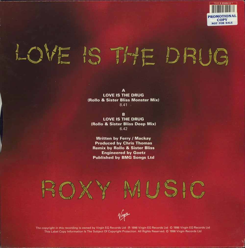 Roxy Music Love Is The Drug - Promo Stickered UK Promo 12" vinyl single (12 inch record / Maxi-single) 724389349467