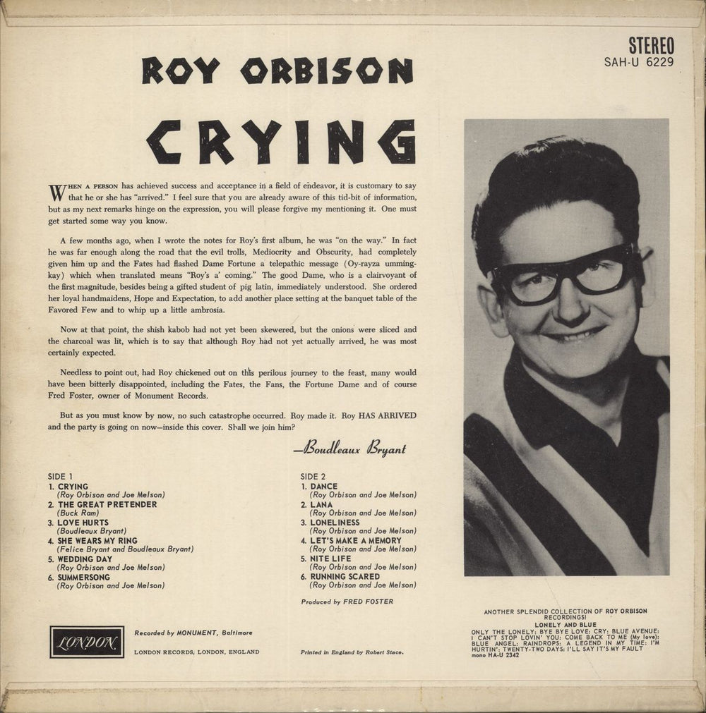 Roy Orbison Crying - 1st - Stereo UK vinyl LP album (LP record)