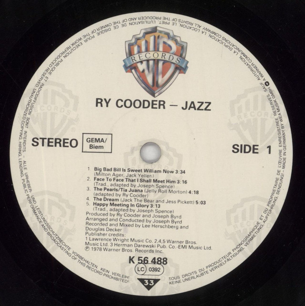 Ry Cooder Jazz German vinyl LP album (LP record) RYCLPJA512039