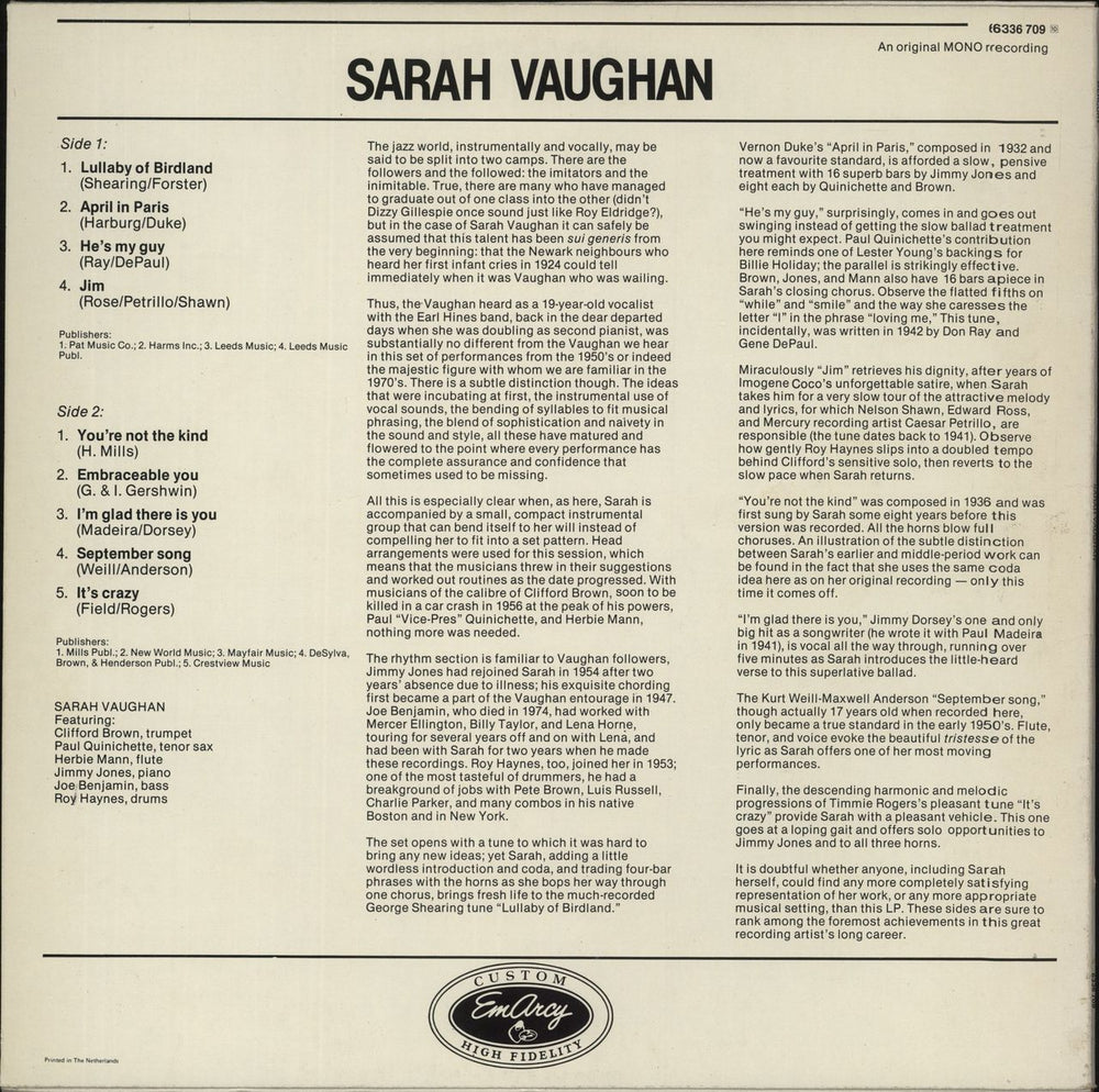 Sarah Vaughan Sarah Vaughan Dutch vinyl LP album (LP record)