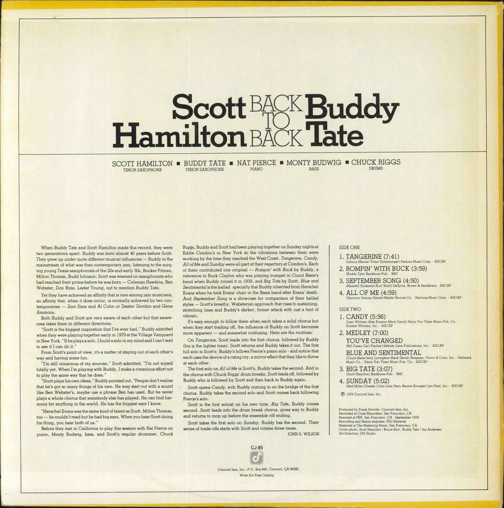 Scott Hamilton  Back To Back US vinyl LP album (LP record) 013431008514