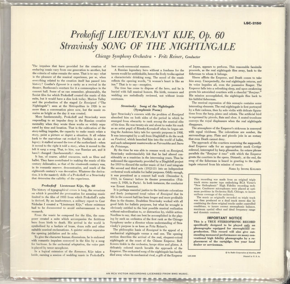 Sergei Prokofiev Lieutenant Kije / Song Of The Nightingale - 200gm US vinyl LP album (LP record)