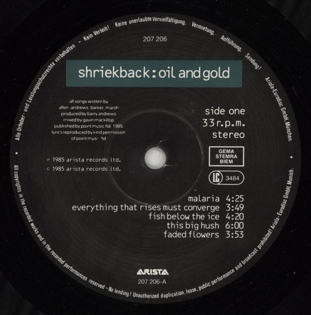 Shriekback Oil And Gold German vinyl LP album (LP record) SRKLPOI877372