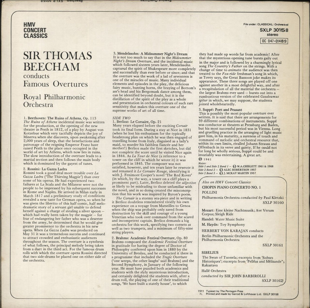 Sir Thomas Beecham Famous Overtures UK vinyl LP album (LP record)