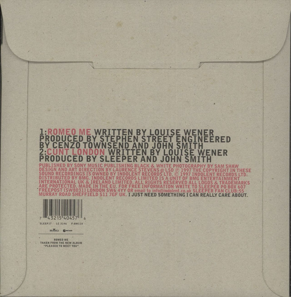 Sleeper Romeo Me - Clear Vinyl UK 7" vinyl single (7 inch record / 45) 743215404576