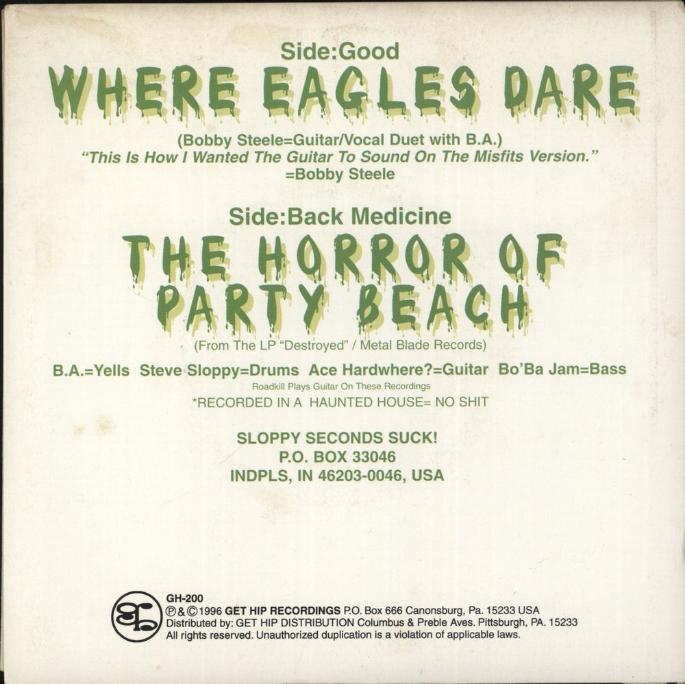 Sloppy Seconds Where Eagles Dare US 7" vinyl single (7 inch record / 45)