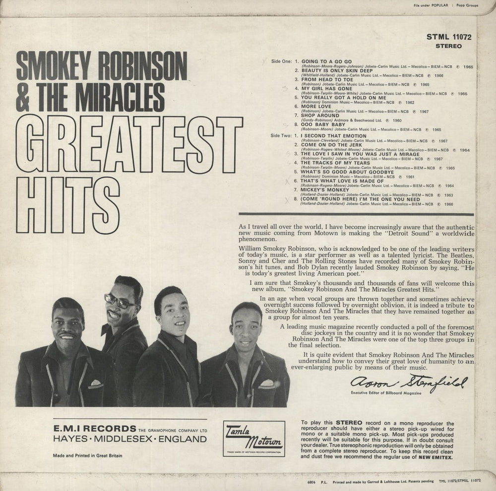 Smokey Robinson & The Miracles Greatest Hits - 1st UK vinyl LP album (LP record)
