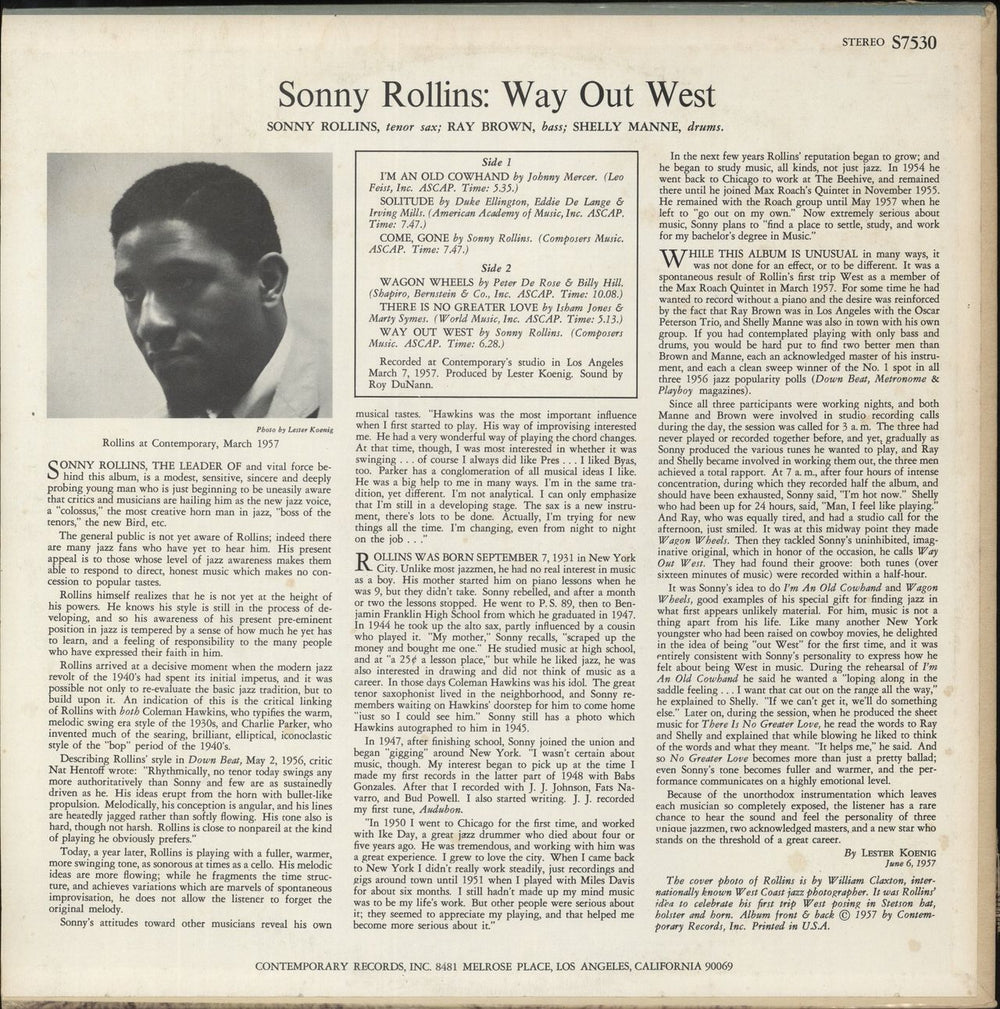Sonny Rollins Way Out West US vinyl LP album (LP record)