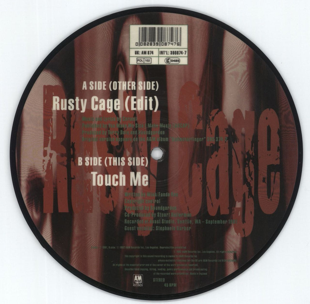 Soundgarden Rusty Cage - Numbered UK 7" vinyl picture disc (7 inch picture disc single) 082839087476
