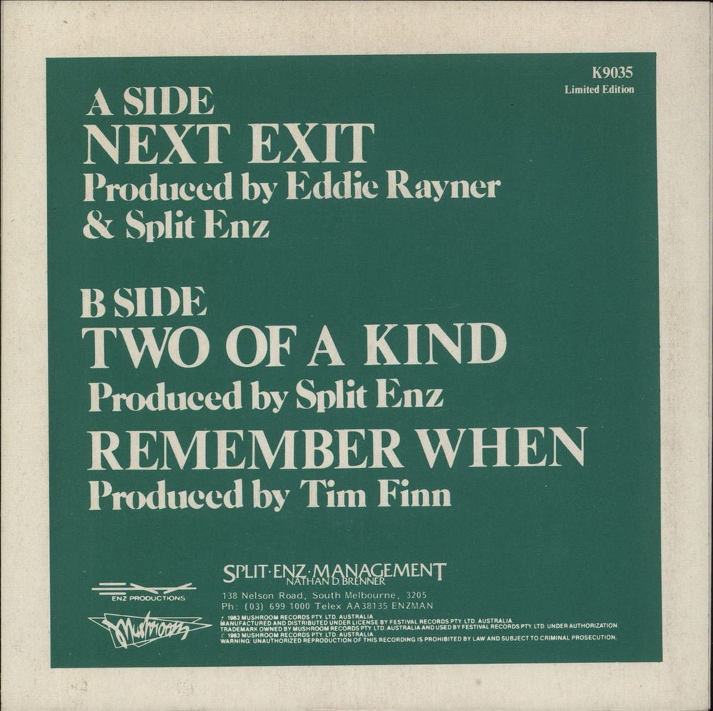 Split Enz Next Exit Australian 7" vinyl single (7 inch record / 45)