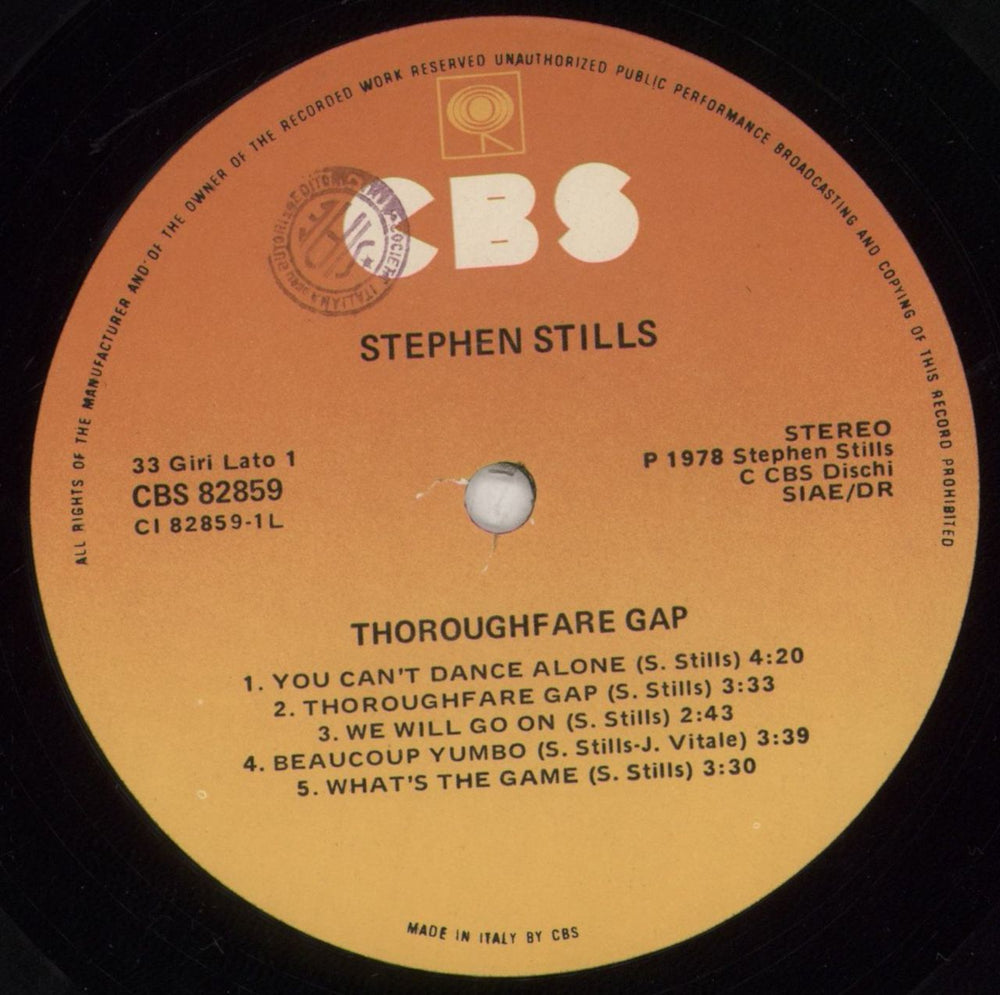 Stephen Stills Thoroughfare Gap Italian vinyl LP album (LP record) SPSLPTH855970
