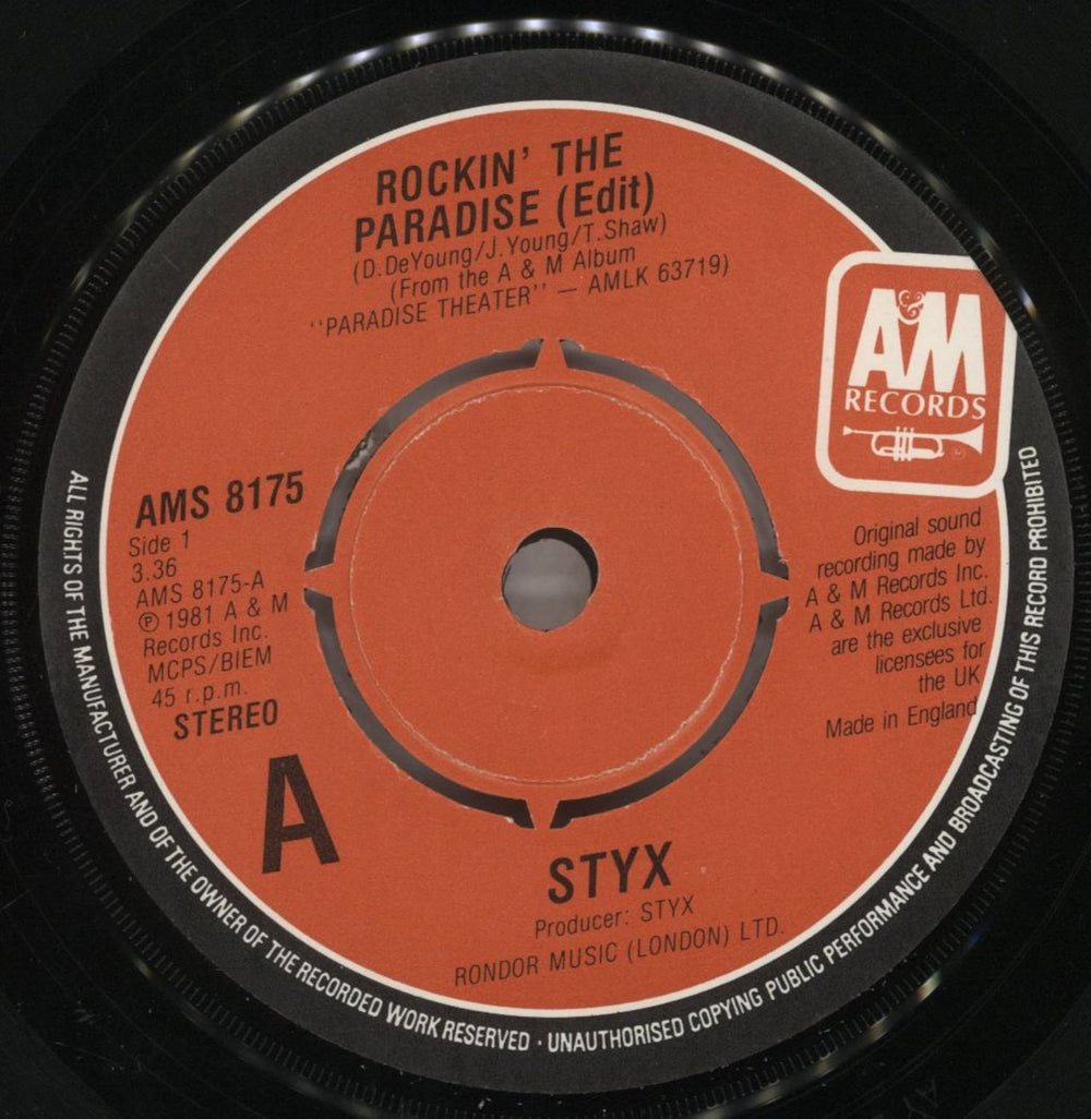 Styx Rockin' The Paradise UK 7" vinyl single (7 inch record / 45) STX07RO637316