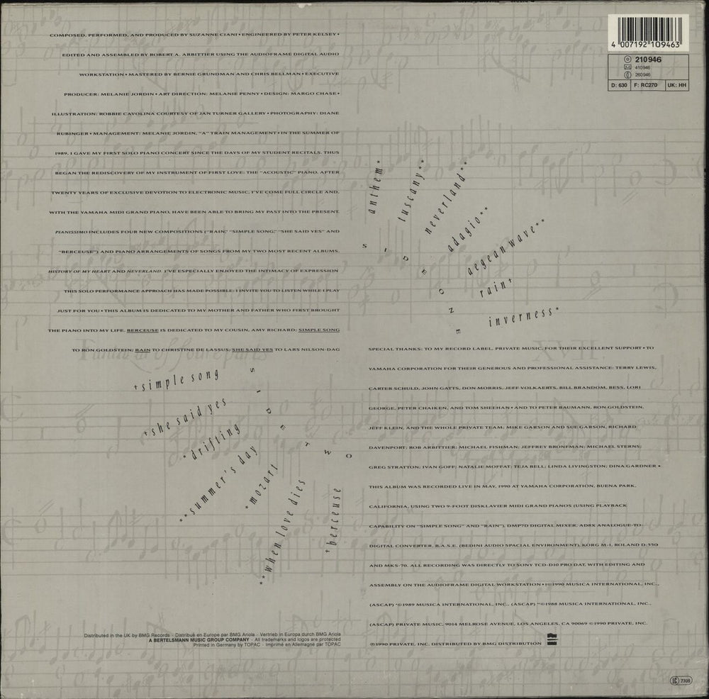 Suzanne Ciani Pianissimo German vinyl LP album (LP record) 4007192109463