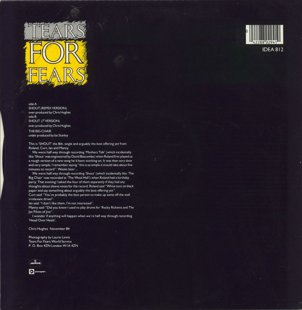 Tears For Fears Shout UK 12" vinyl single (12 inch record / Maxi-single) 042288029410