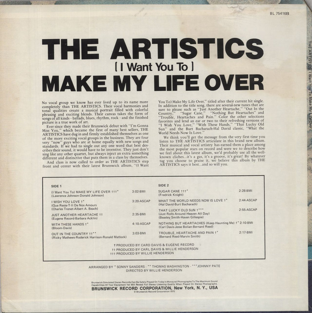 The Artistics [I Want You To] Make My Life Over US vinyl LP album (LP record)