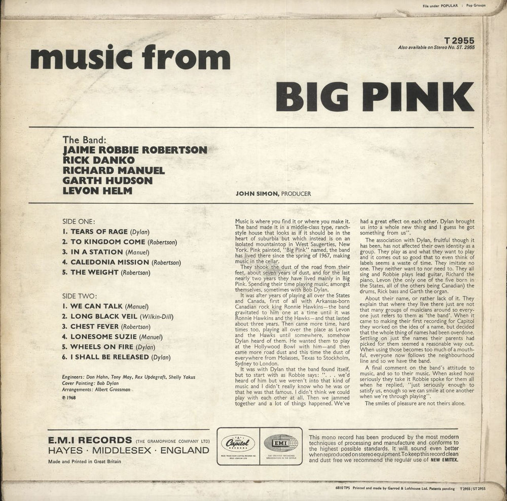 The Band Music From Big Pink - Mono - VG UK vinyl LP album (LP record)