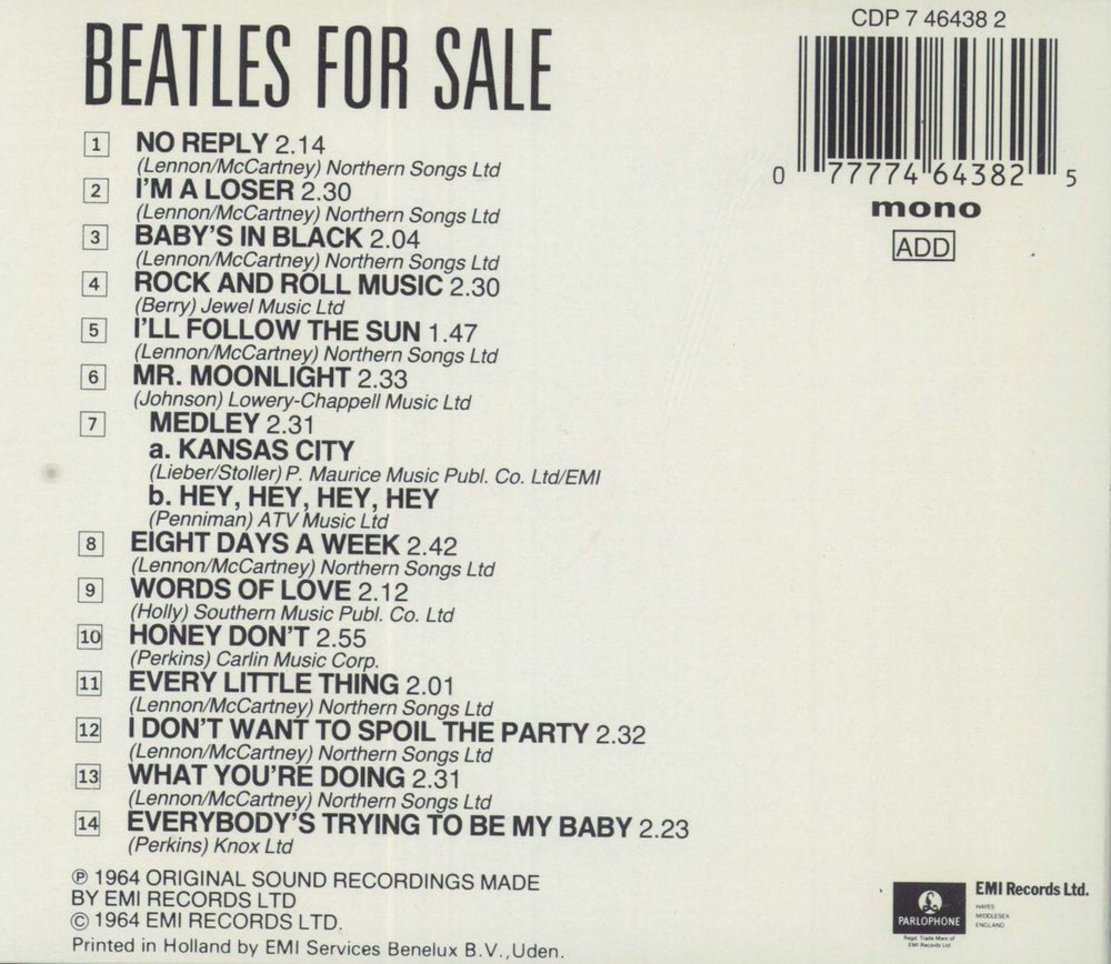 The Beatles Beatles For Sale German CD album (CDLP) 077774643825