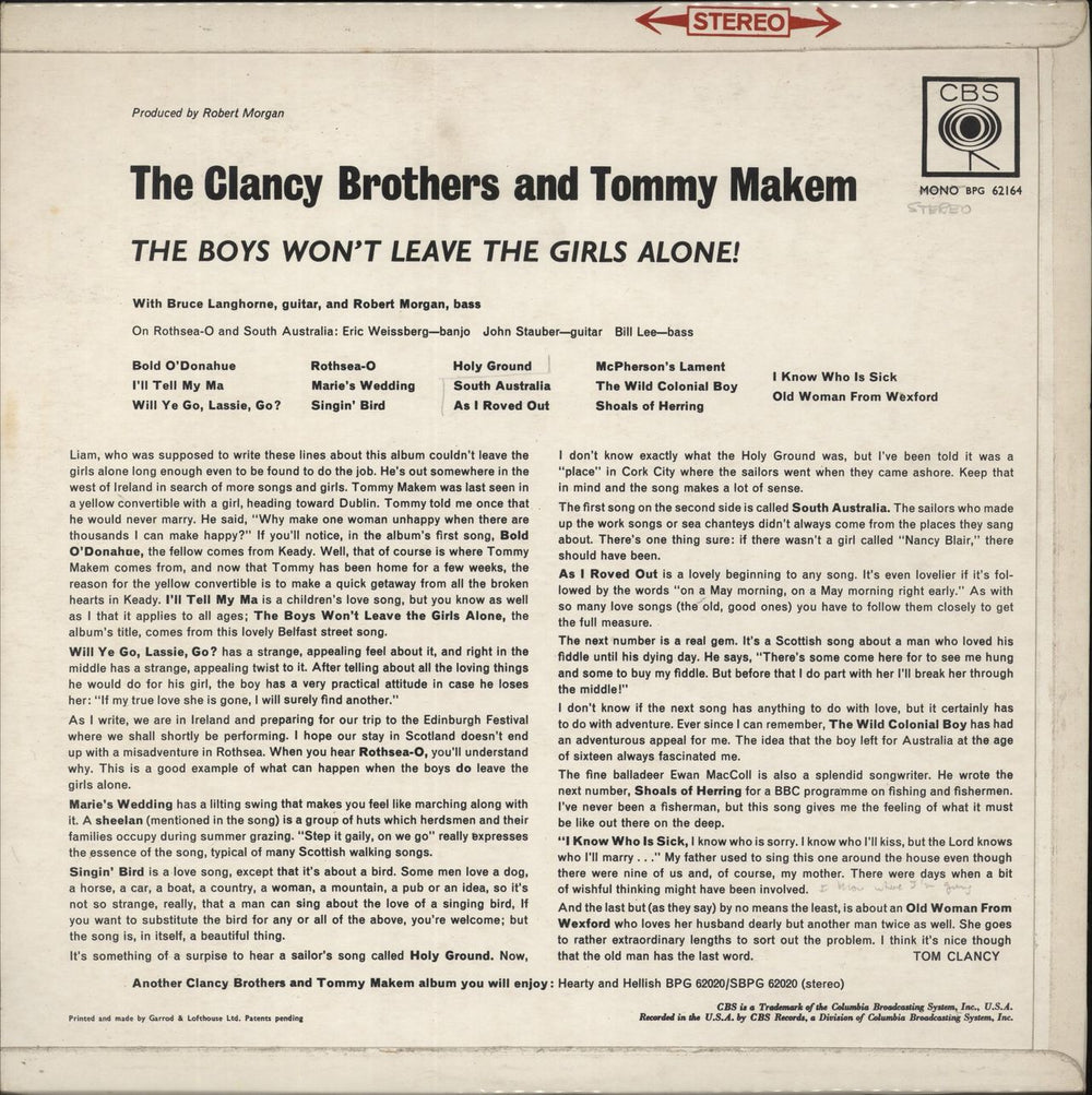 The Clancy Brothers & Tommy Makem The Boys Won't Leave The Girls Alone UK vinyl LP album (LP record)