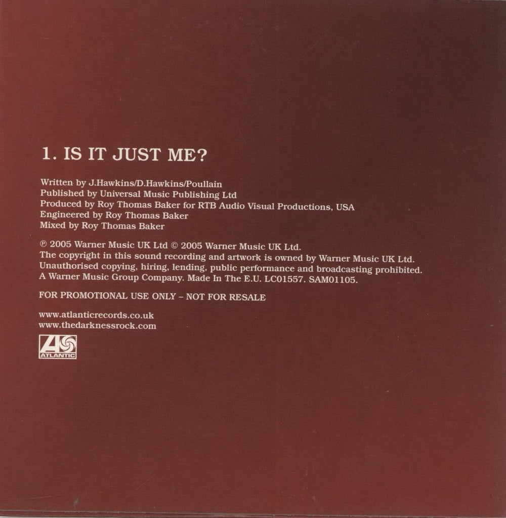 The Darkness Is It Just Me? UK Promo CD single (CD5 / 5")