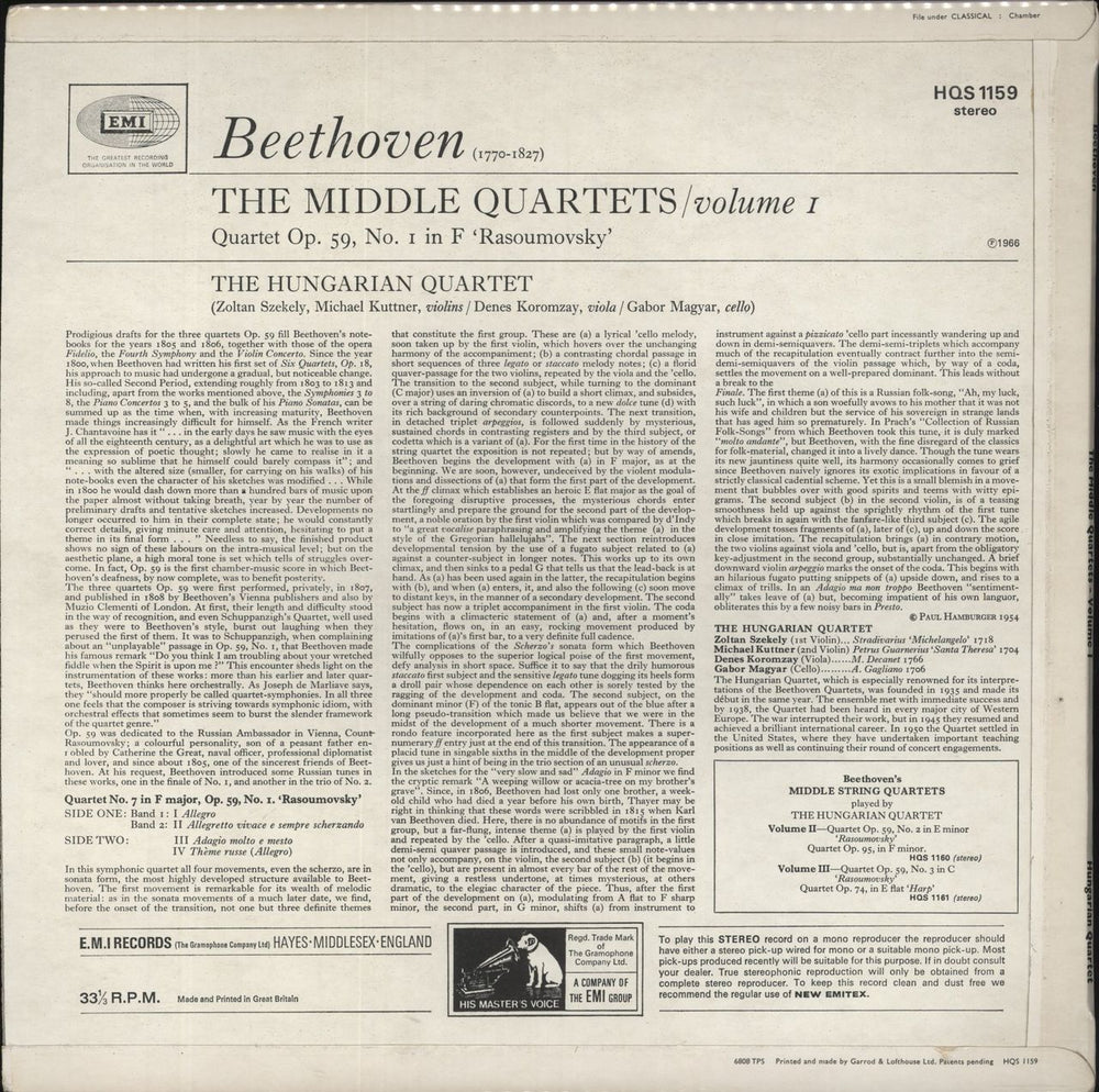 The Hungarian Quartet Beethoven: The Middle Quartets, Volume 1 UK vinyl LP album (LP record)