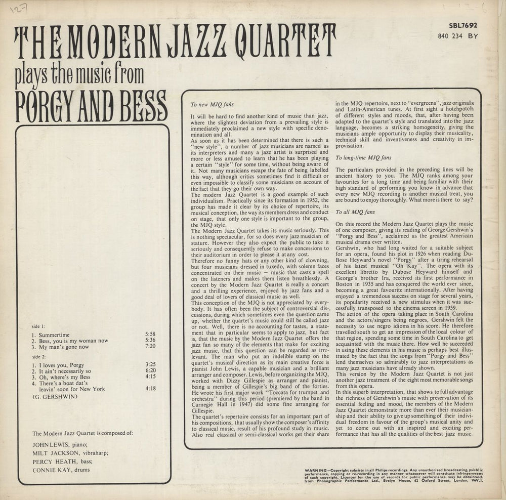 The Modern Jazz Quartet Plays The Music From Porgy And Bess - Stereo UK vinyl LP album (LP record)