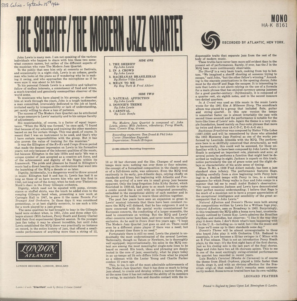 The Modern Jazz Quartet The Sheriff UK vinyl LP album (LP record)