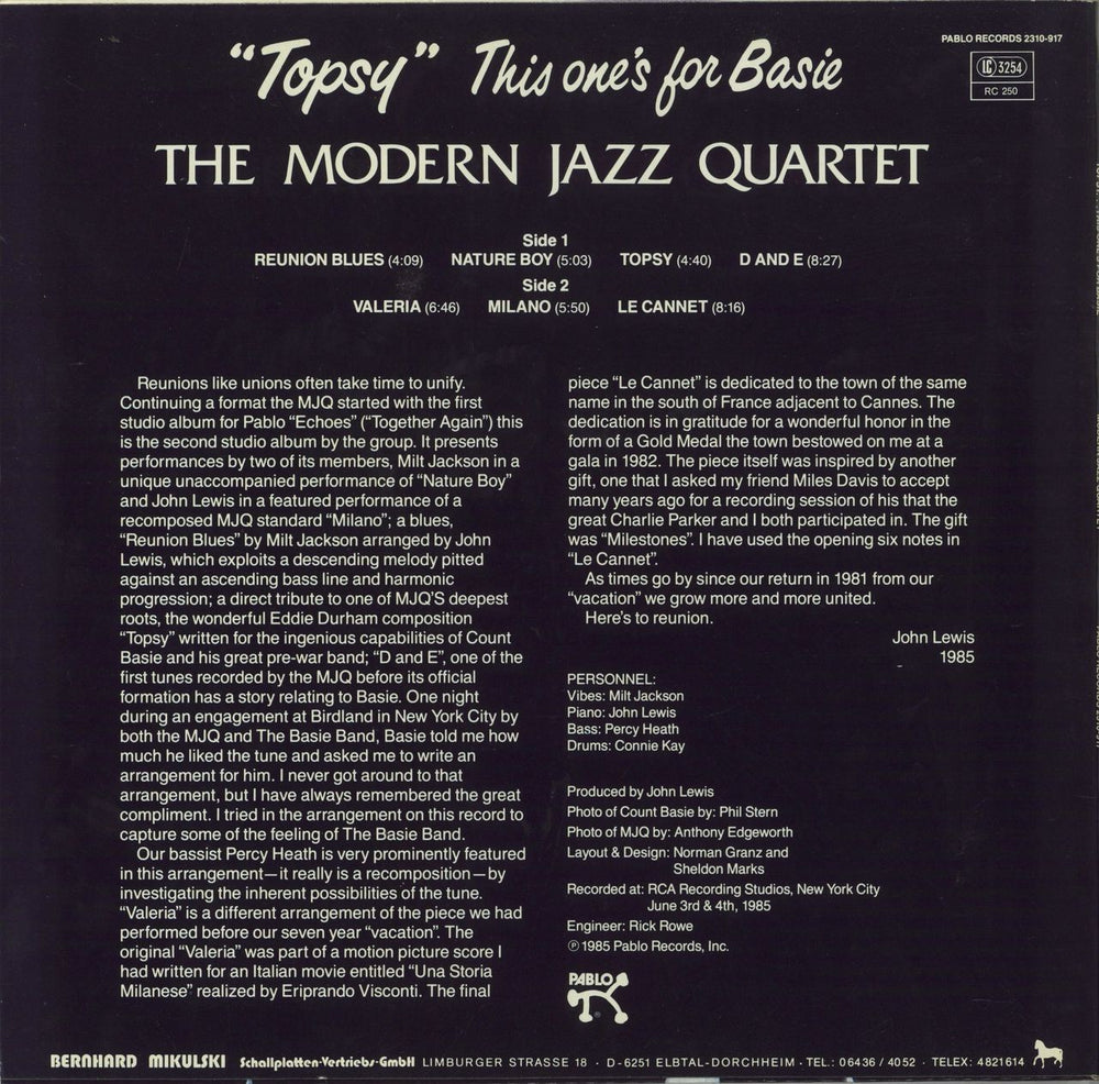 The Modern Jazz Quartet Topsy... This One's For Basie German vinyl LP album (LP record)