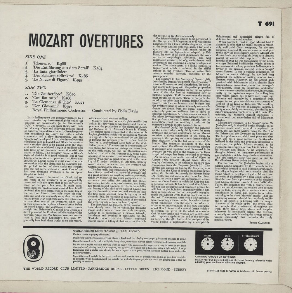 The Royal Philharmonic Orchestra Mozart Overtures UK vinyl LP album (LP record)