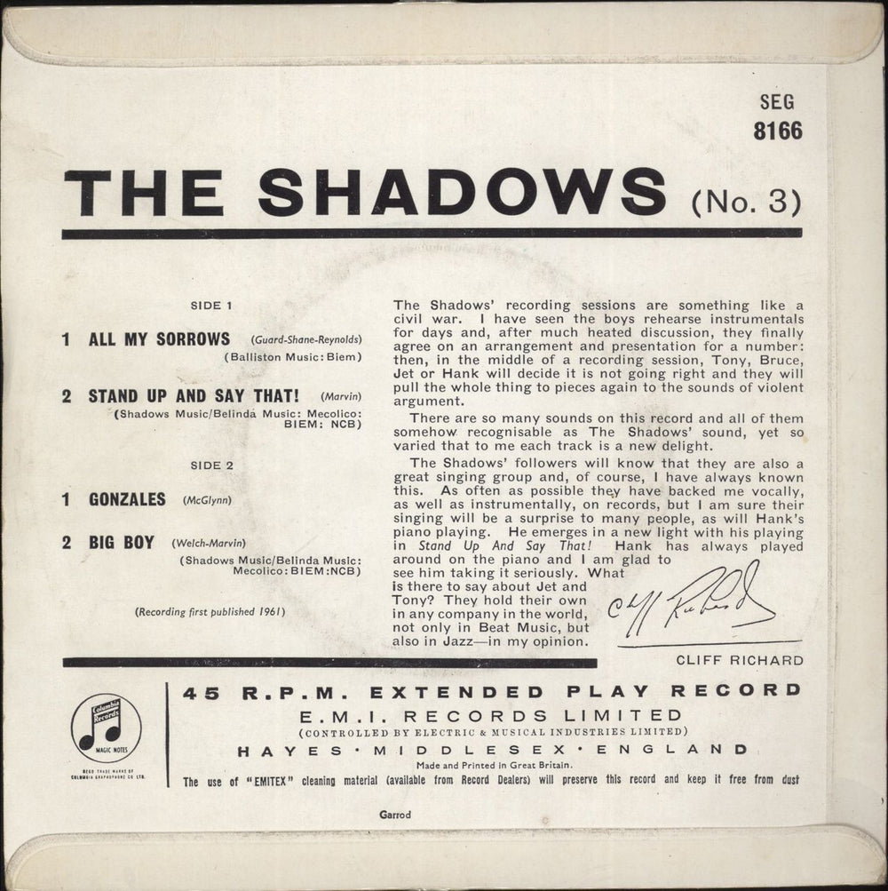 The Shadows The Shadows No. 3 - 1st UK 7" vinyl single (7 inch record / 45)