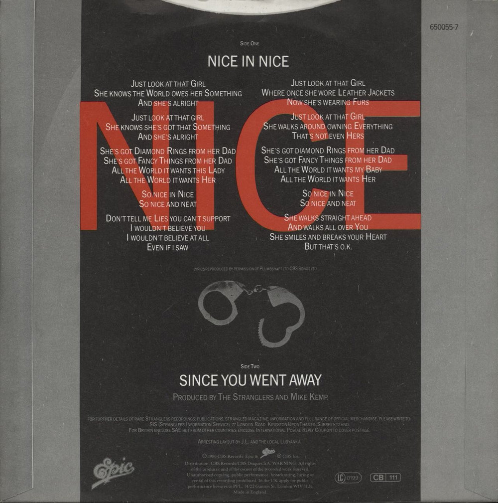 The Stranglers Nice In Nice UK 7" vinyl single (7 inch record / 45)