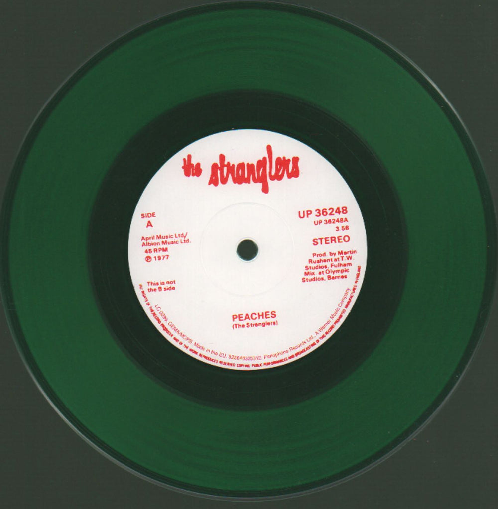 The Stranglers Peaches - Green Vinyl UK 7" vinyl single (7 inch record / 45) STR07PE682865