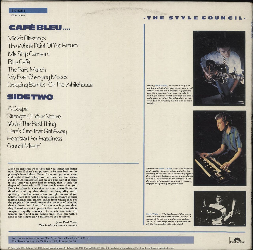The Style Council Café Bleu New Zealand vinyl LP album (LP record)