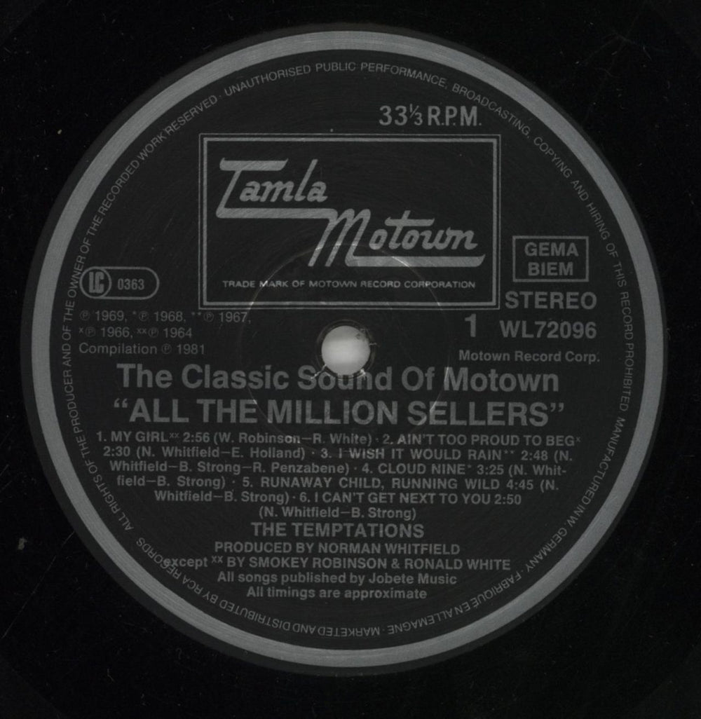 The Temptations All The Million Sellers UK vinyl LP album (LP record) TEMLPAL857845