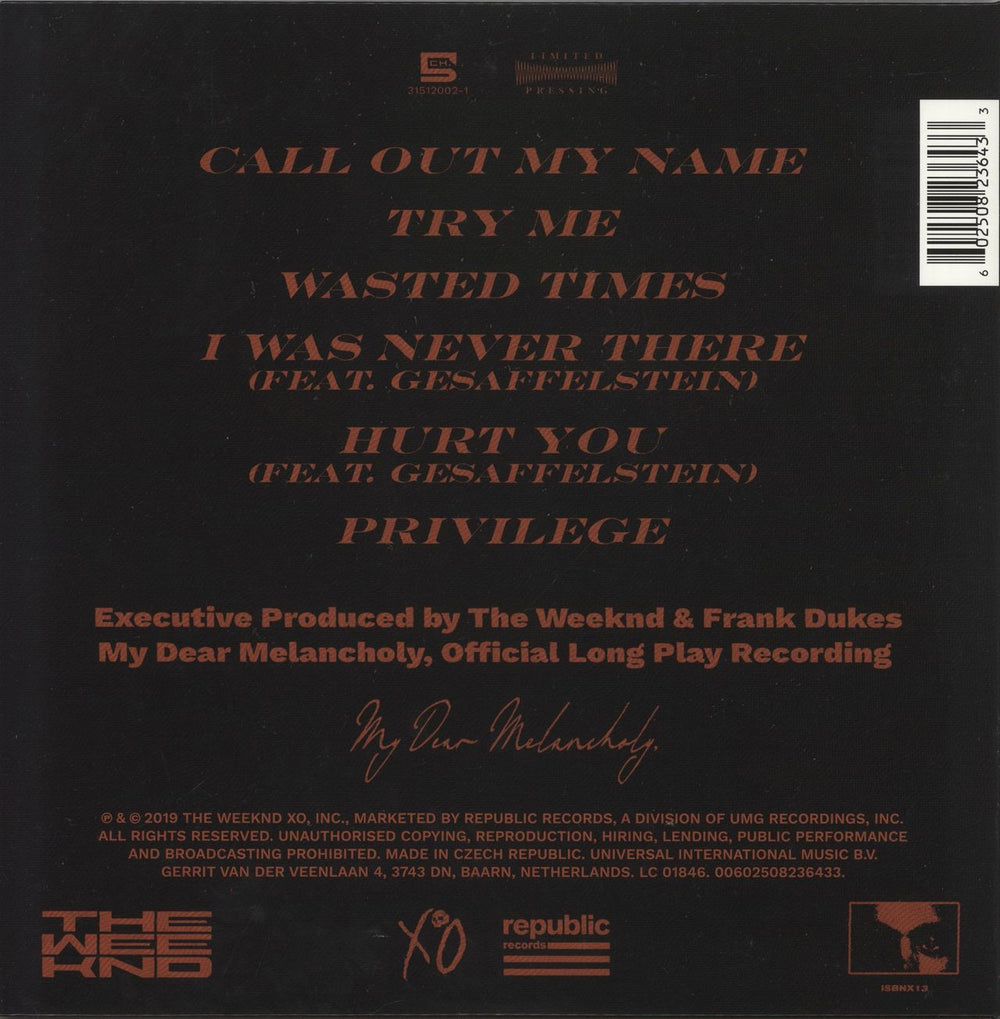 The Weeknd My Dear Melancholy, - RSD 2020 UK 12" vinyl single (12 inch record / Maxi-single)