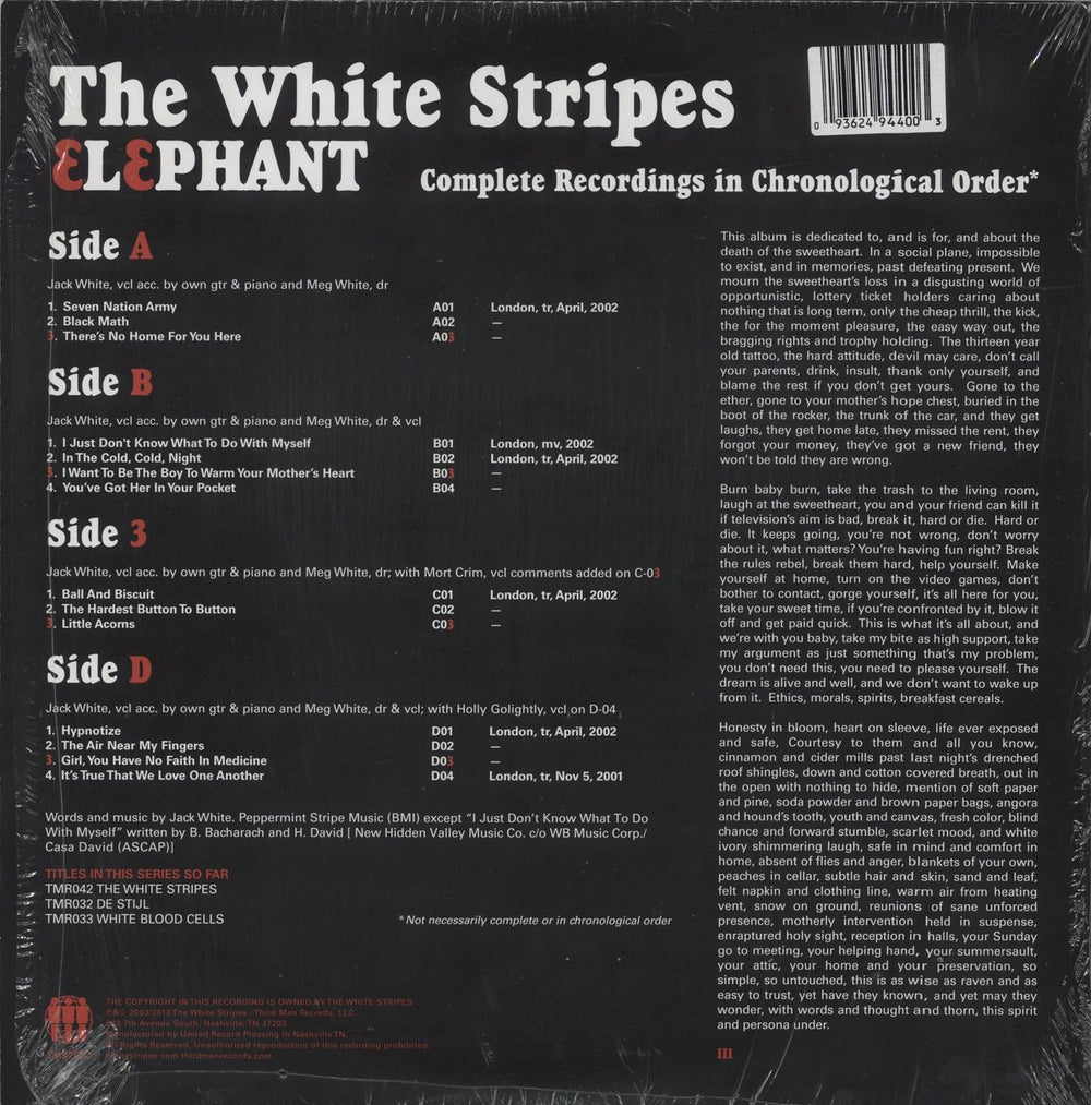 The White Stripes Elephant - 180 Gram - Shrink US 2-LP vinyl record set (Double LP Album) 093624944003
