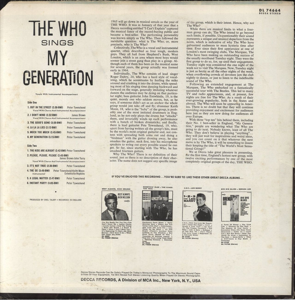 The Who My Generation - 2nd US vinyl LP album (LP record)