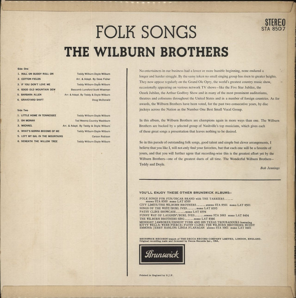 The Wilburn Brothers Folk Songs - Test Pressings UK 2-LP vinyl record set (Double LP Album)