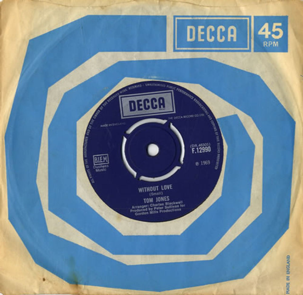Tom Jones Without Love UK 7" vinyl single (7 inch record / 45) F.12990