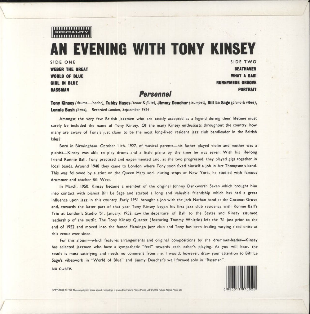 Tony Kinsey An Evening With Tony Kinsey "Mr. Percussion" UK vinyl LP album (LP record) 5055311070025